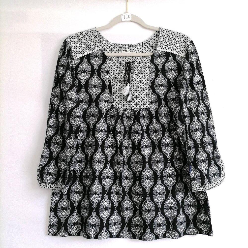 Anne Klein Womens Black Tie Tassel Jacquard Floral Print Blouse Top Size M